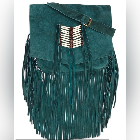 Highly sought after RAJ suede crossbody w/chevron front beading & fringe trim. - Picture 3 of 14